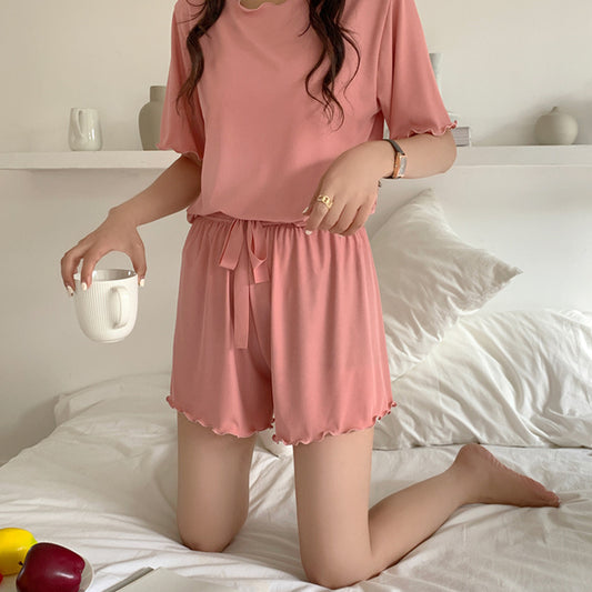 Cool suit wood-ear round neck short-sleeved shorts two-piece thread female pajamas casual home service suit