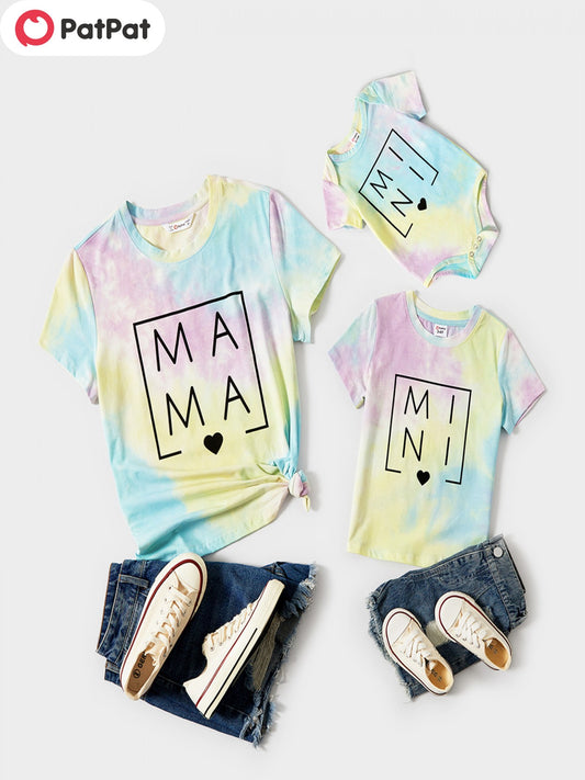 PatPat Mommy And Me Matching Cotton T-shirt, Letter Print Tie Dye Short Sleeve Tee, Adult Kid Clothes For Summer