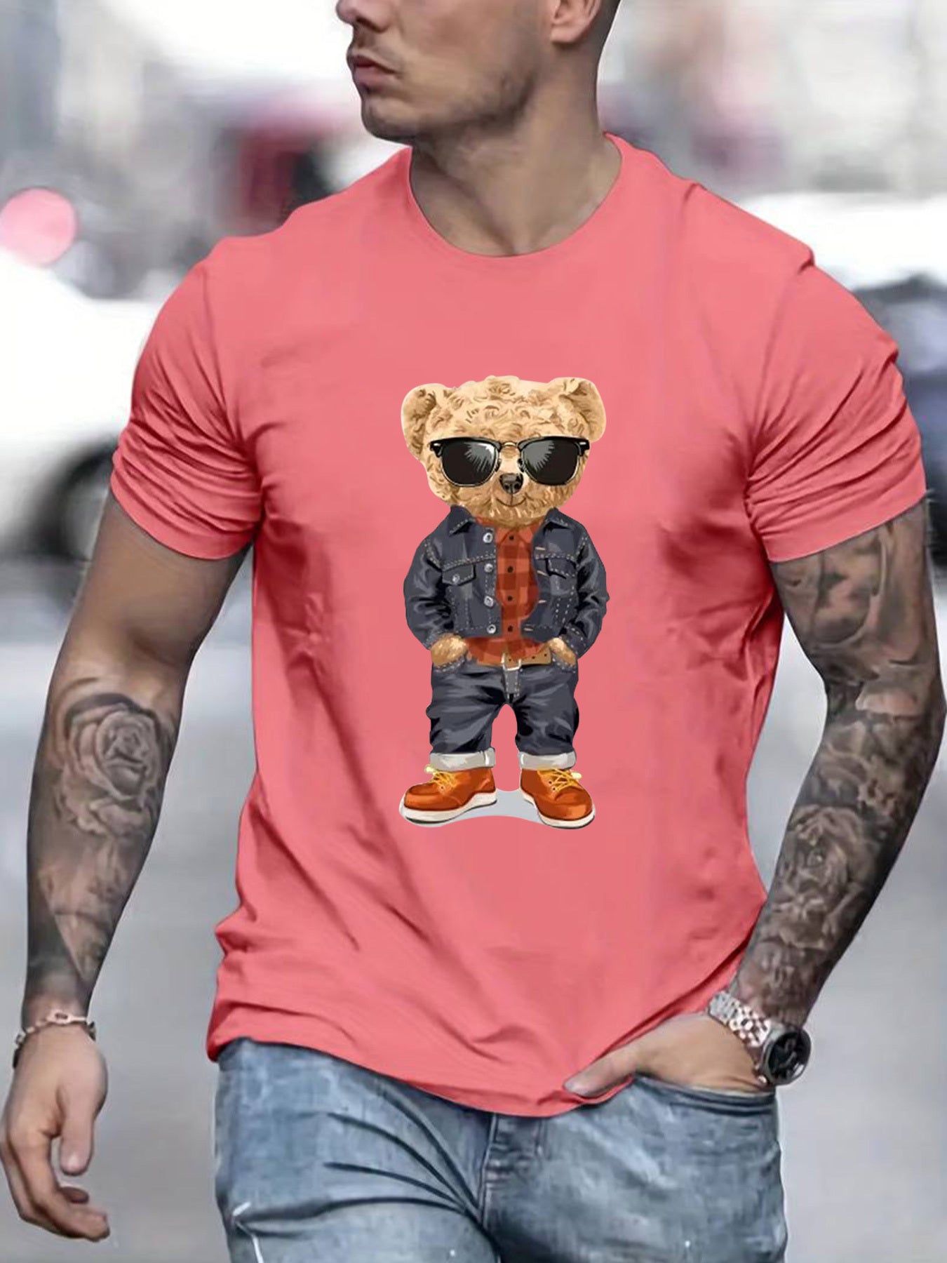 Denim Toy Bear Pattern Men's T-shirt For Summer Outdoor, Casual Male Clothing