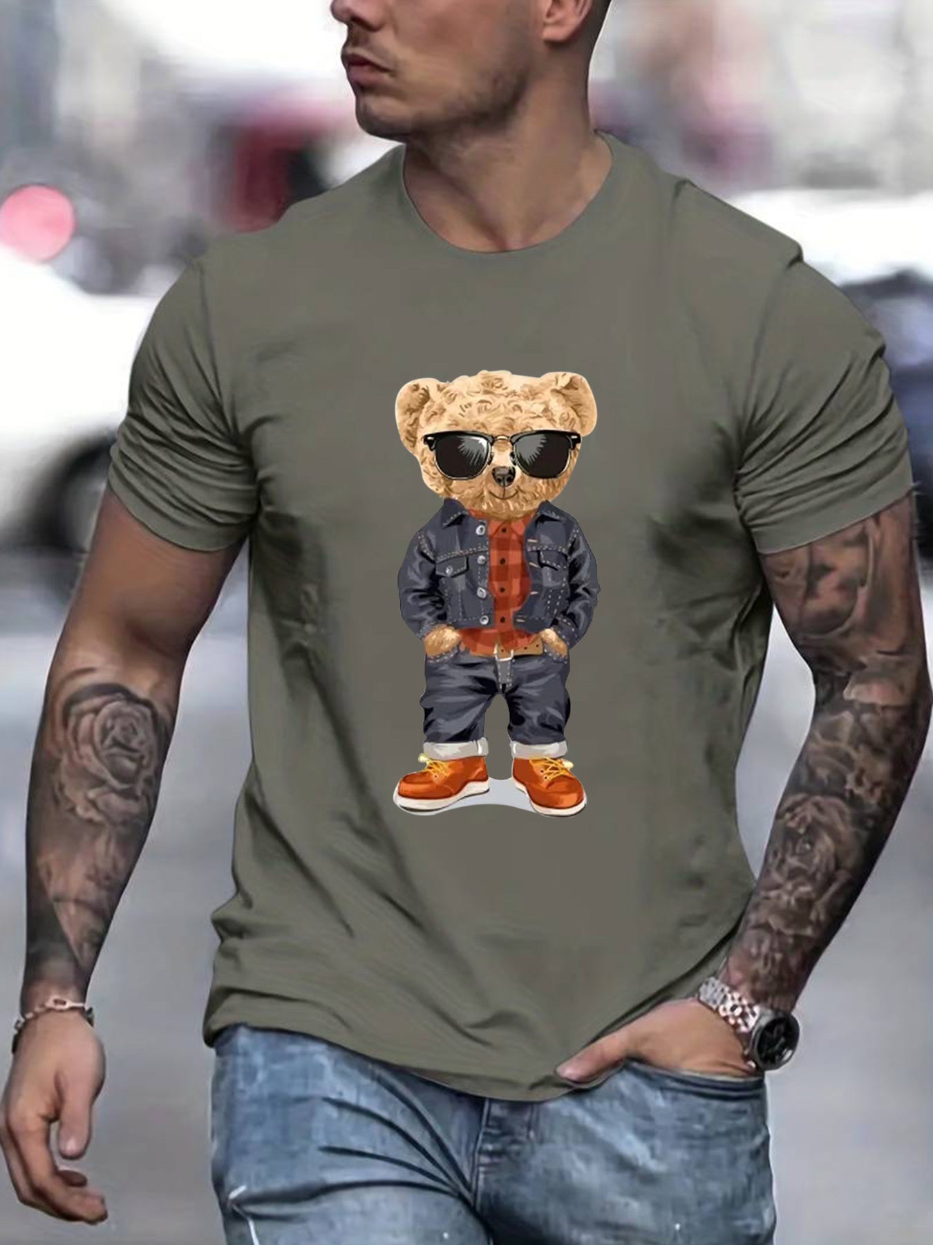 Denim Toy Bear Pattern Men's T-shirt For Summer Outdoor, Casual Male Clothing