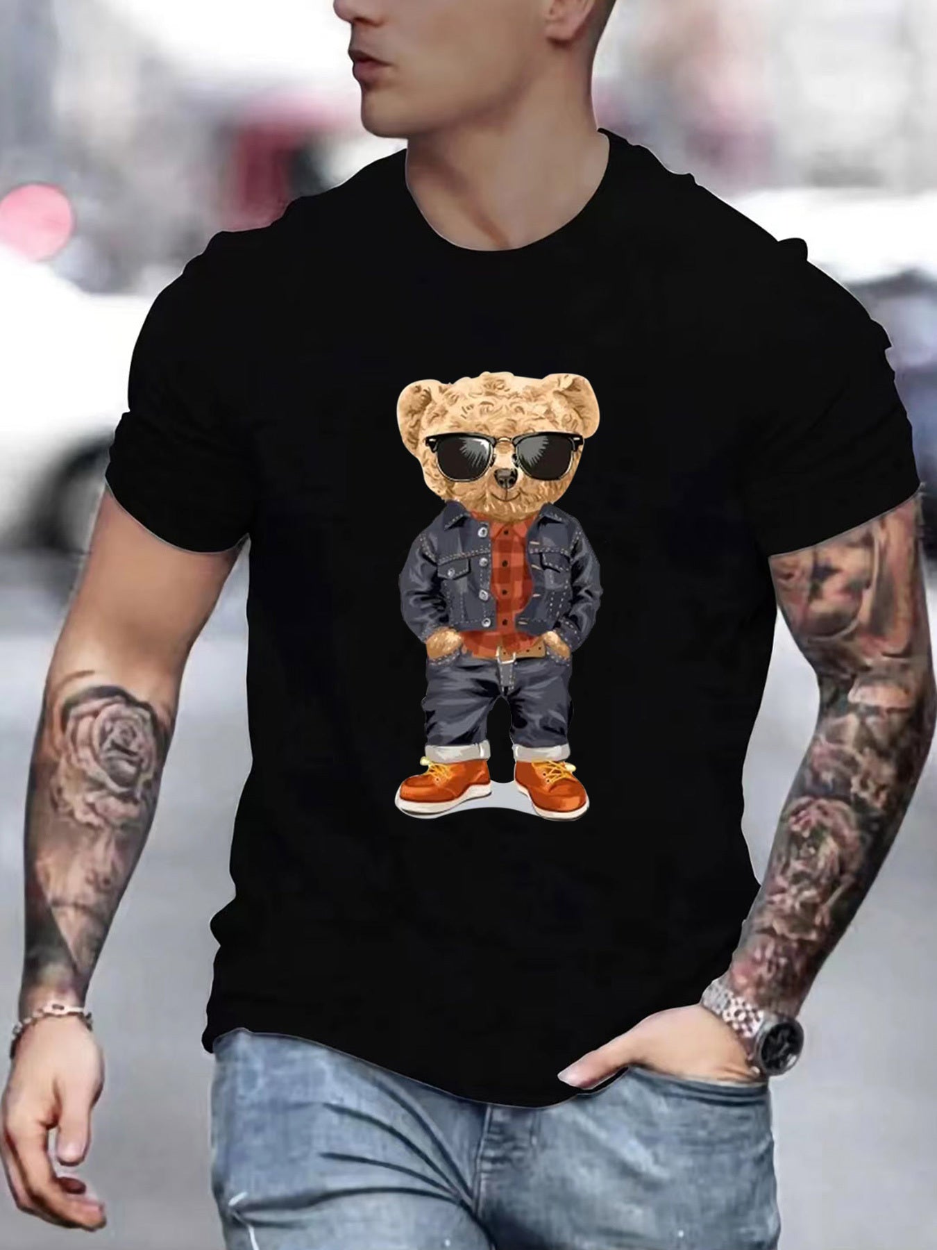 Denim Toy Bear Pattern Men's T-shirt For Summer Outdoor, Casual Male Clothing