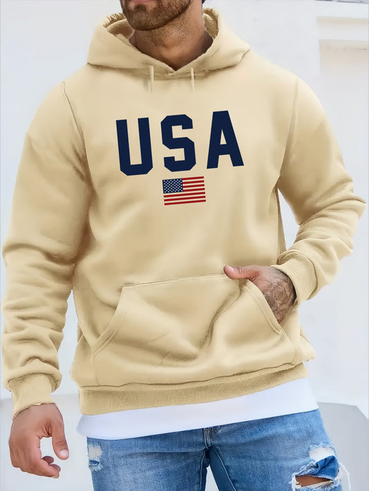 Stampa Con Motivo Bandiera Americana Da Uomo A Maniche Lunghe, Felpe Con Cappuccio Da Strada Sportive Casual E Alla Moda Con Felpa In Pile Con Tasca A Marsupio, Adatta Per Gli Sport All'aria Aperta, Per L'autunno E L'inverno, Alla Moda E Versatile