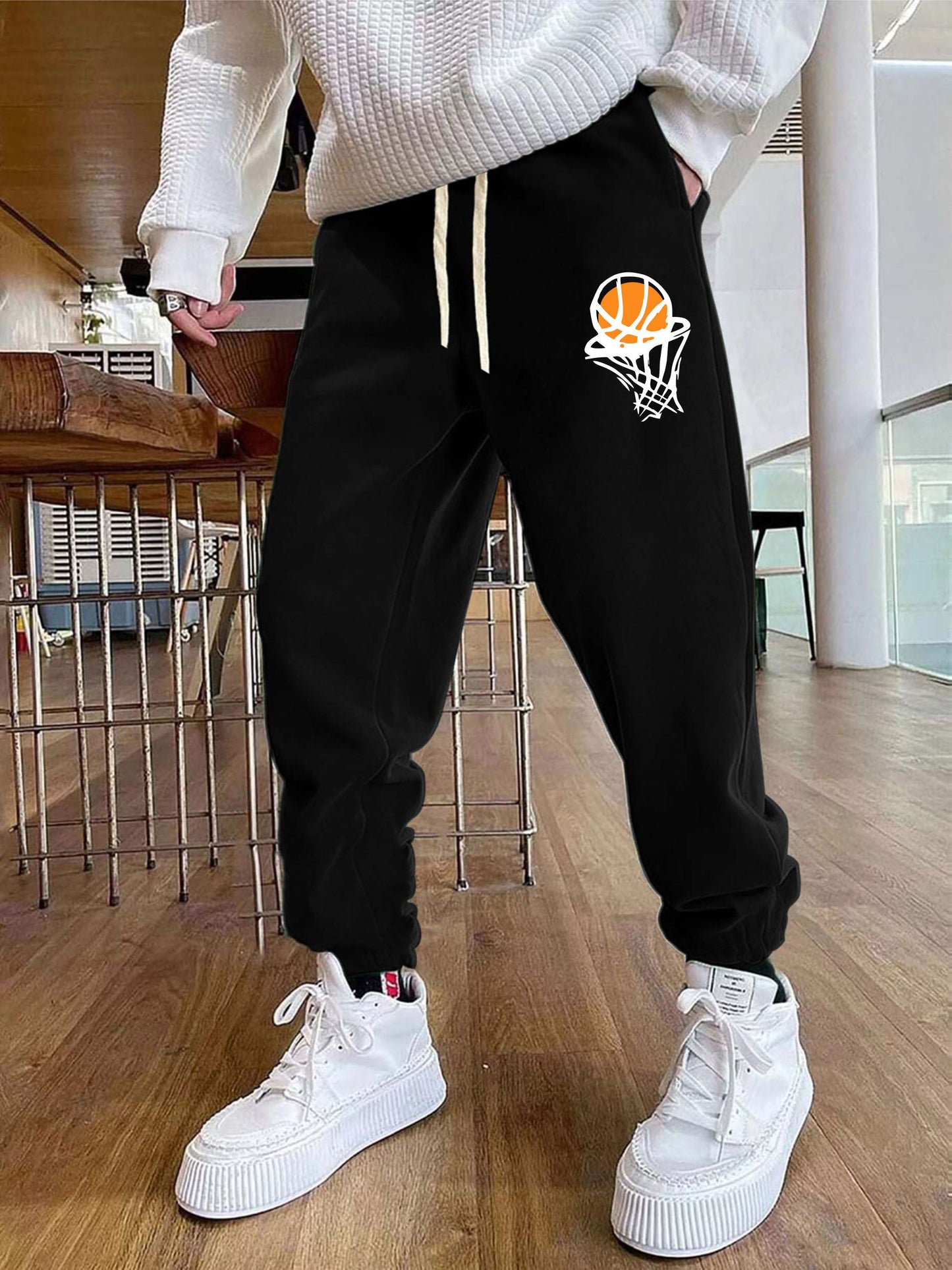 Basketball Pattern, Men's Drawstring Sweatpants, Pocket Casual Comfy Jogger Pants, Mens Clothing For Autumn Winter