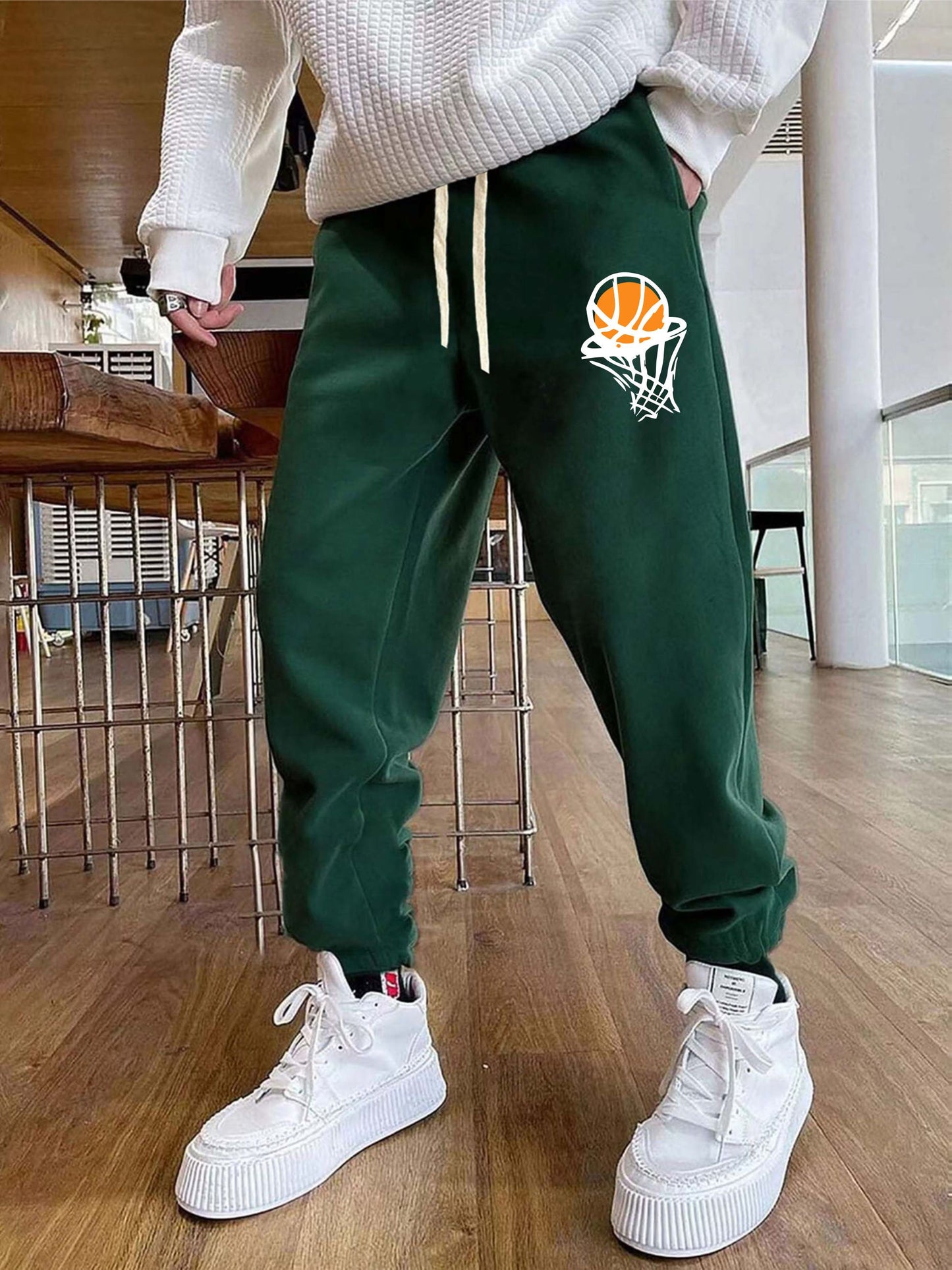 Basketball Pattern, Men's Drawstring Sweatpants, Pocket Casual Comfy Jogger Pants, Mens Clothing For Autumn Winter