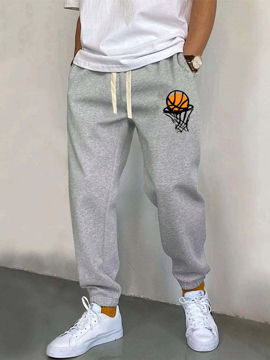 Basketball Pattern, Men's Drawstring Sweatpants, Pocket Casual Comfy Jogger Pants, Mens Clothing For Autumn Winter