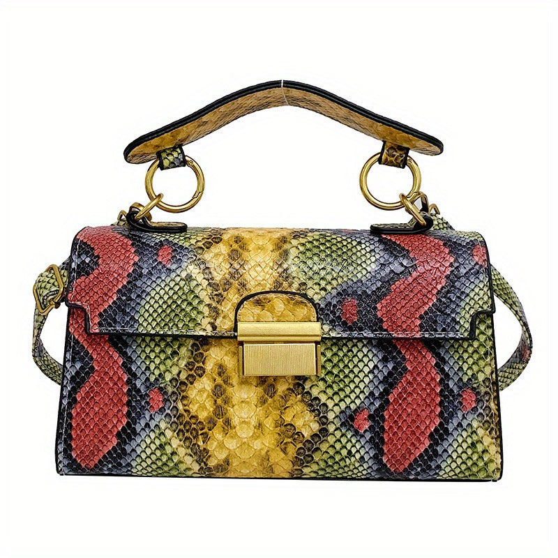Snakeskin Pattern Handbag, Trendy Colorful Crossbody Bag, Women's Top Handle Flap Purse