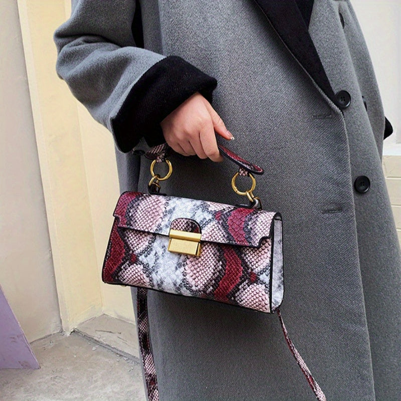 Snakeskin Pattern Handbag, Trendy Colorful Crossbody Bag, Women's Top Handle Flap Purse