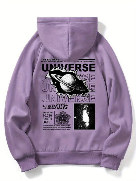 Fleece Hoodies Street Casual Sports And Fashionable With Kangaroo Pocket Men's Long Sleeve Universe Print Sweatshirt, Suitable For Outdoor Sports, For Autumn And Winter, Fashionable And Versatile, Can Be Paired With Hip-hop Necklace