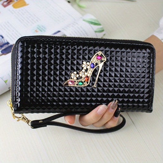 Trendy High Heels Rhinestone Decor Long Wallet, Plaid Embossed Multi-card Slots Credit Card Holder, Perfect Purse For Daily Use For Carnaval