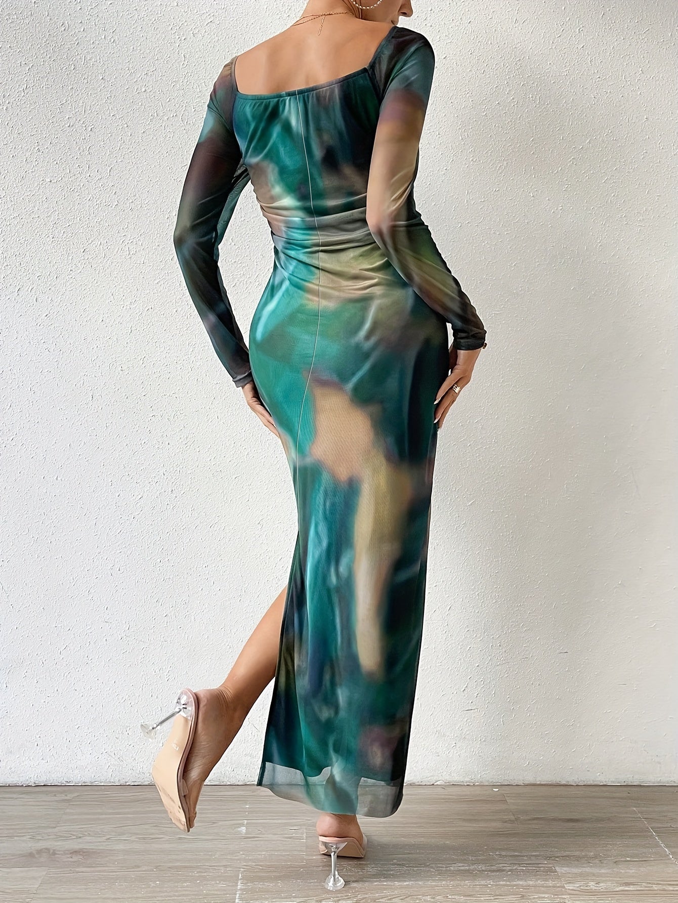 Tie Dye Print Bodycon Square Neck Dress, Sexy Split Hem Long Sleeve Dress For Spring & Fall, Women's Clothing