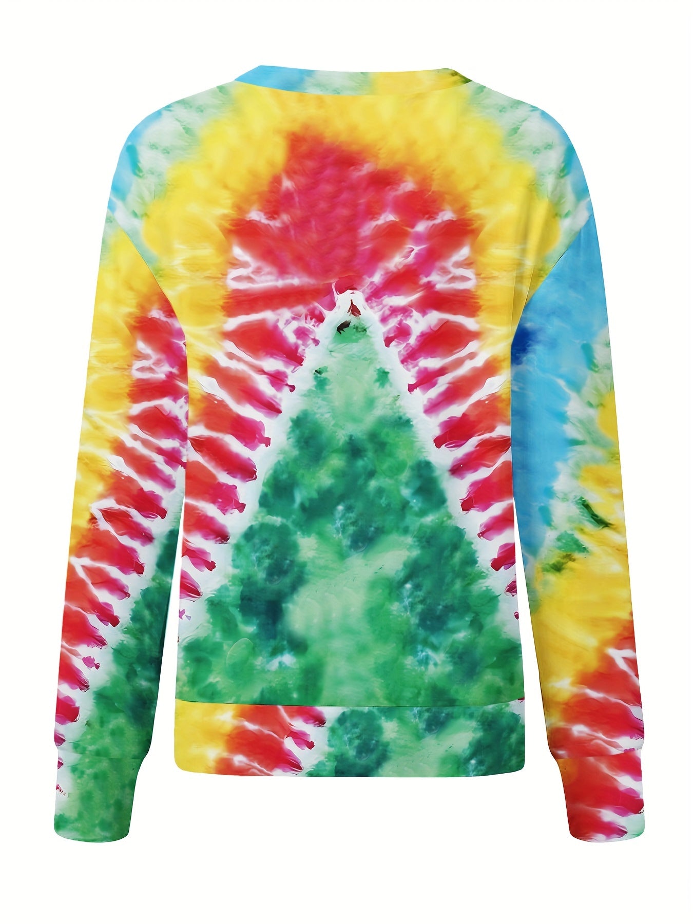 Christmas Tree Print Tie Dye Pullover Sweatshirt, Casual Long Sleeve Crew Neck Sweatshirt For Fall & Winter, Women's Clothing