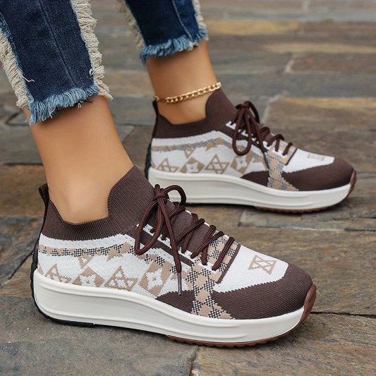 Women's Knitted Platform Sneakers, Trendy Lace Up Low Top Running Trainers, Breathable Outdoor Walking Sports Shoes