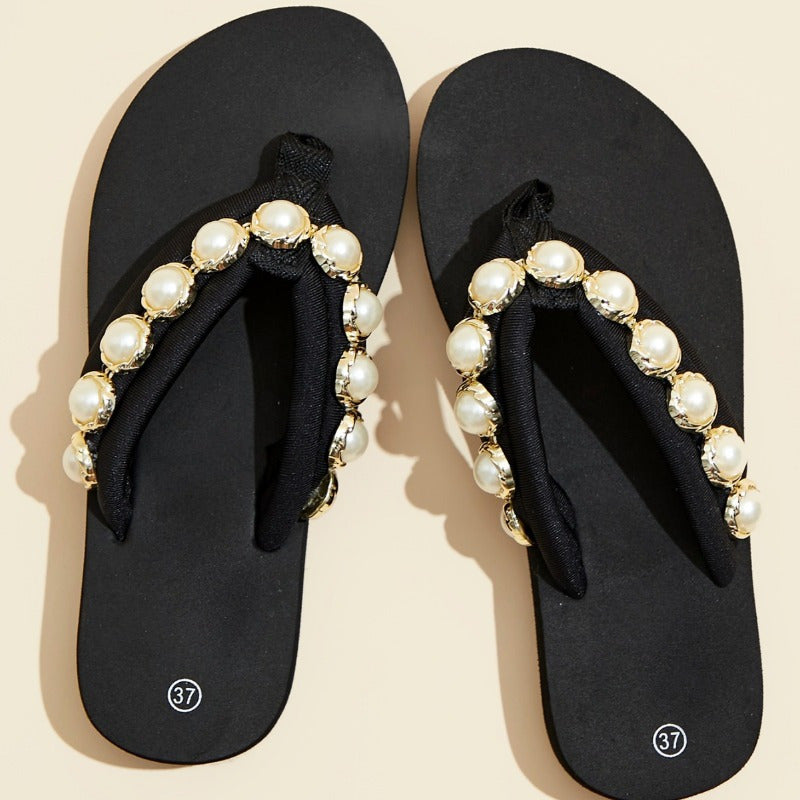 Women's Faux Pearl Flip Flops, Stylish Summer Beach Flat Slide Shoes, Casual Indoor & Outdoor Vacation Slides