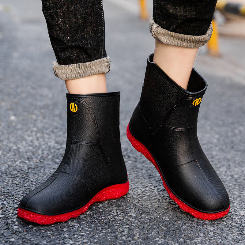 Long tube fashion men's non-slip rain shoes trend low kitchen fishing work car wash rubber shoes high breeze rain boots