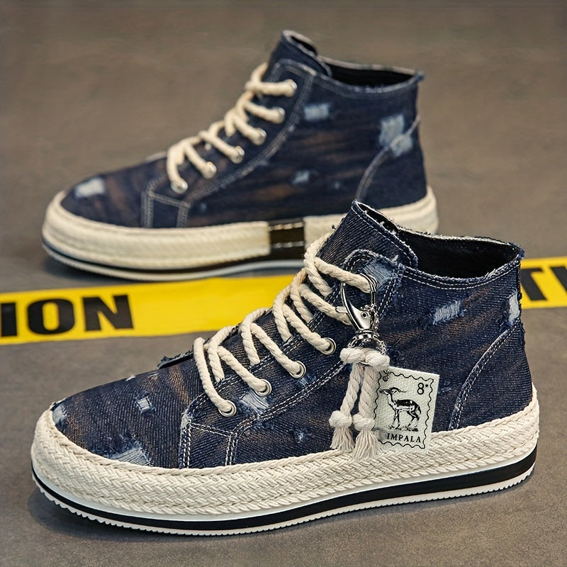 Scarpe Da Skate High-top In Denim Distressed Da Uomo Con Buona Presa, Sneakers Traspiranti Con Lacci, Calzature Da Uomo, Look Ispirato Alle Espadrillas