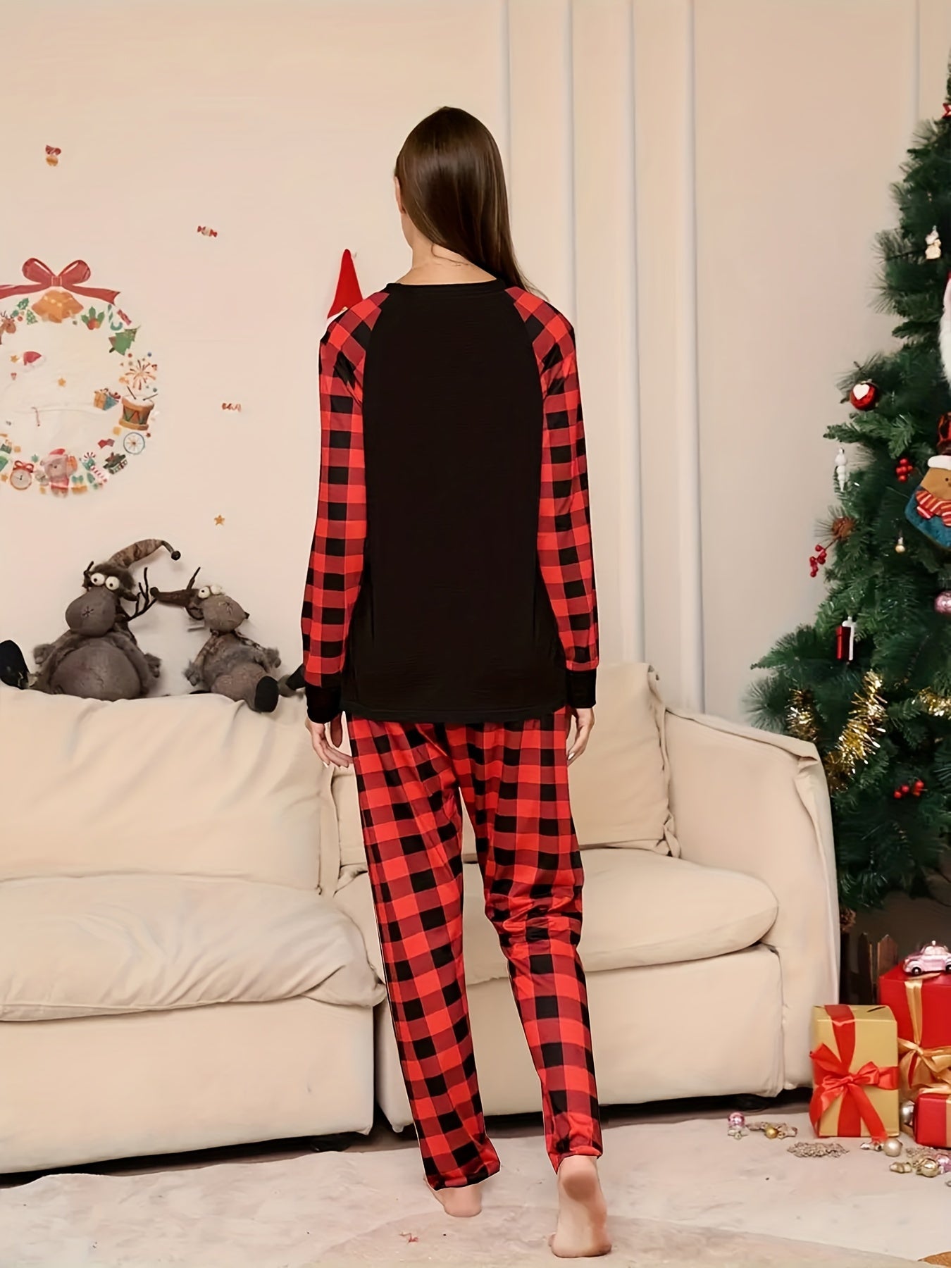 Christmas Elk Print Lounge Set, Long Sleeve Crew Neck Top & Plaid Pants, Women's Loungewear & Sleepwear