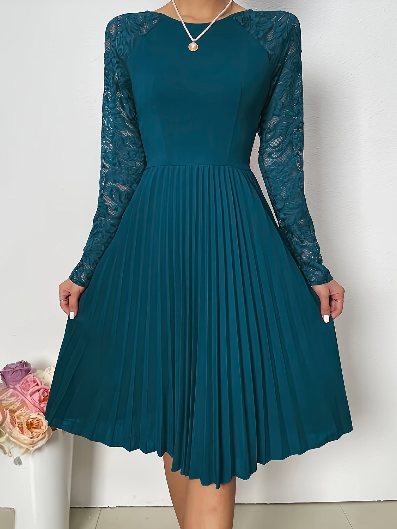 Lace Long Sleeve Pleat Dress, Elegant Crew Neck Flare Dress, Women's Clothing