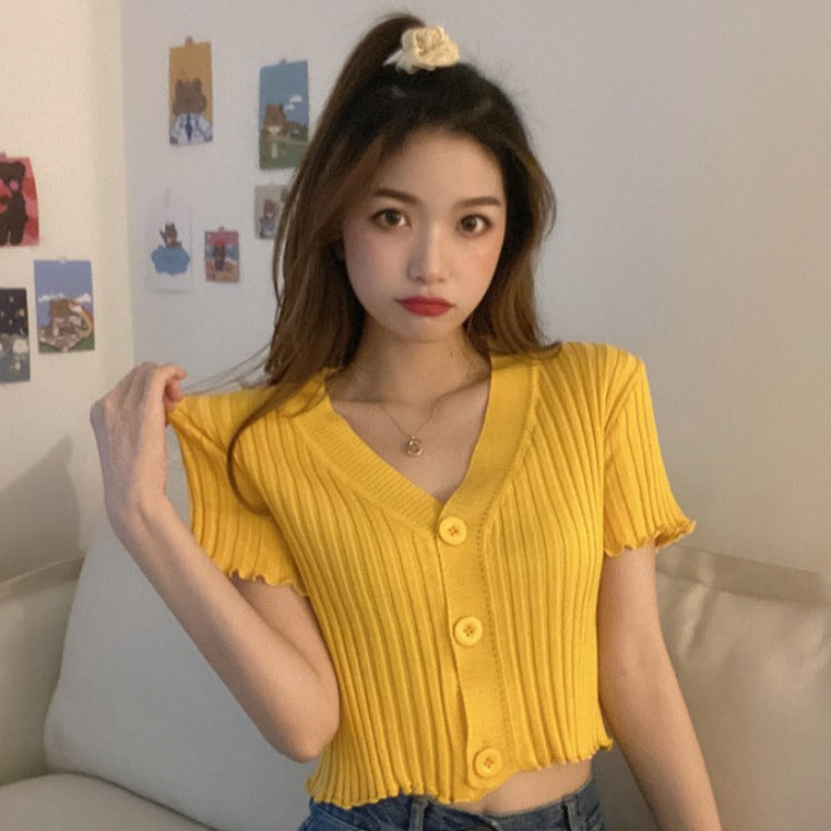 Wooden ear roller short-sleeved knitted open shirt female 2021 summer V colored wild slim short top cloth tide