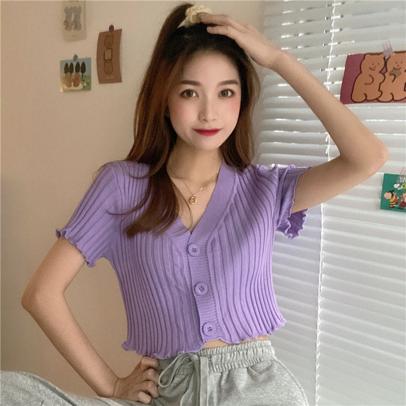 Wooden ear roller short-sleeved knitted open shirt female 2021 summer V colored wild slim short top cloth tide