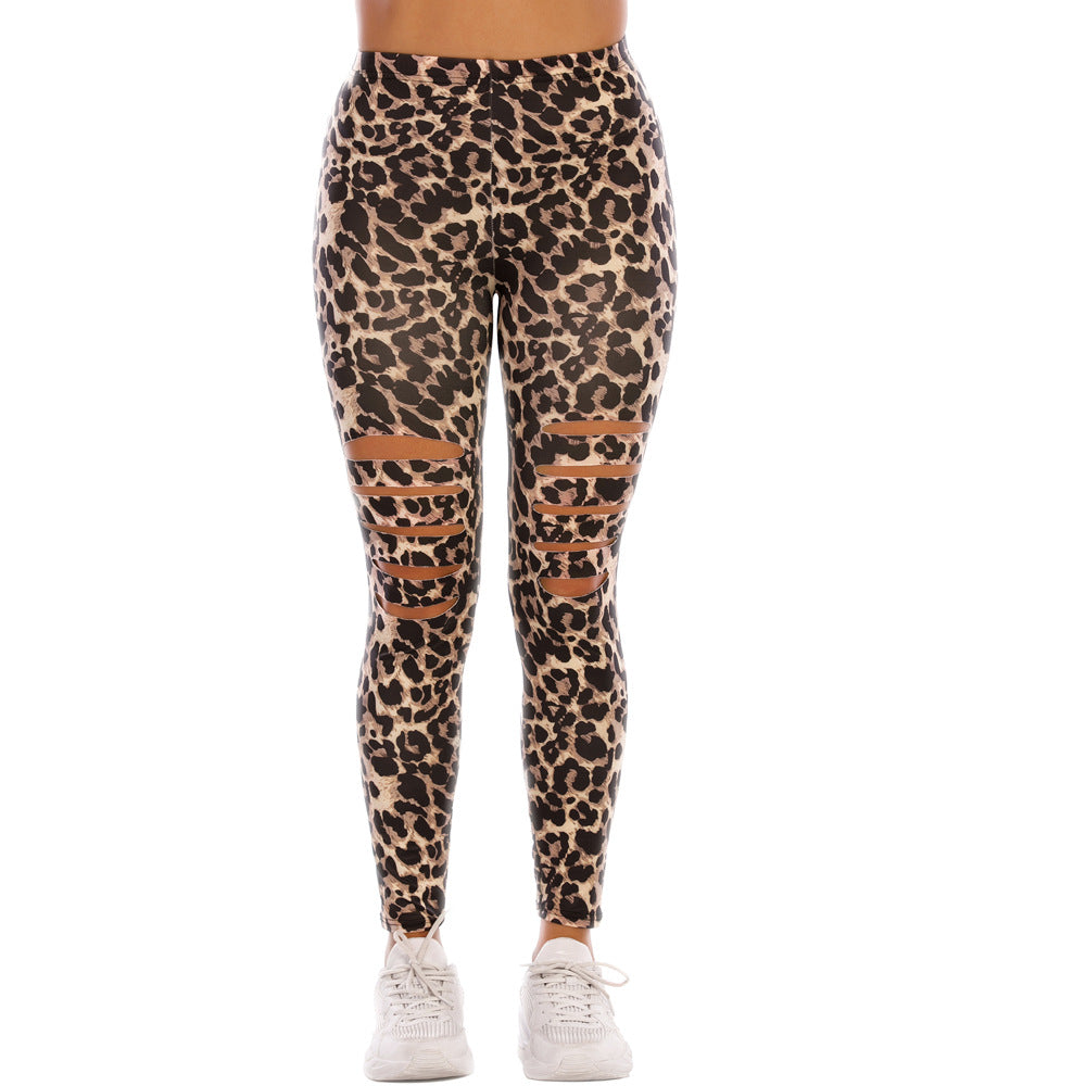 European size printed leopard print tight hole leggings women's high waist sports large size new black elastic yoga pants women