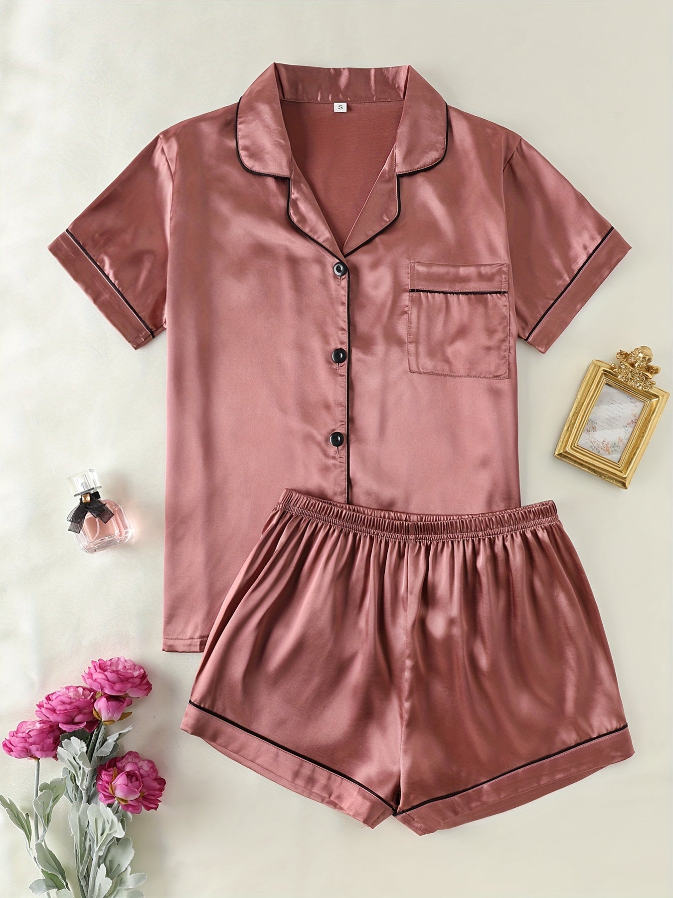 Simple Solid Satin Lounge Set, Short Sleeve Button Up Lapel Collar Top & Elastic Shorts, Women's Loungewear