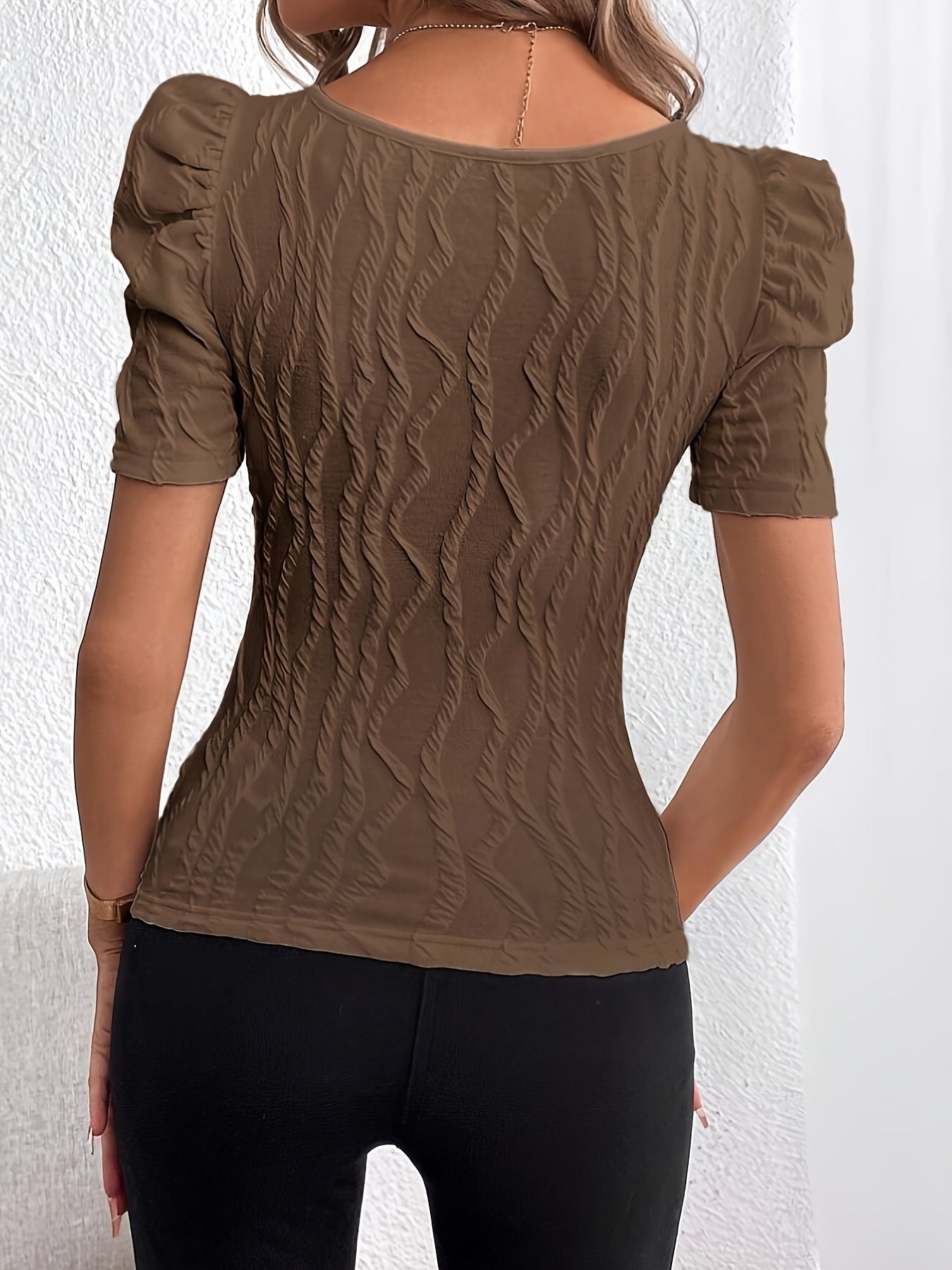 Maglietta A Collo Quadrato Con Texture, Top Slim Casual A Manica A Sbuffo Per La Primavera E L'estate, Abbigliamento Da Donna