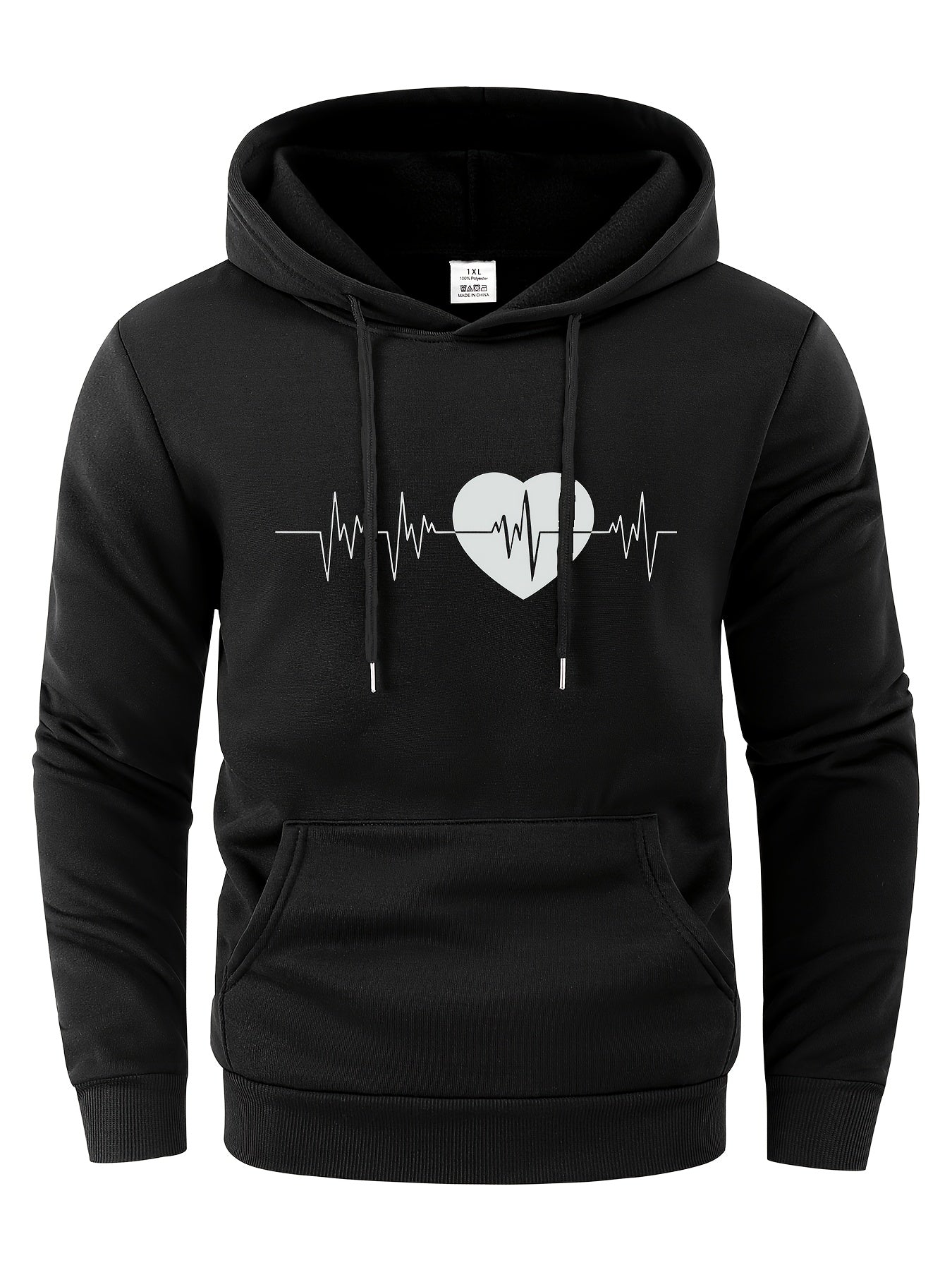 Electrocardiogram Print Hoodie, Cool Sweatshirt For Men, Men's Casual Graphic Design Pullover Hooded Sweatshirt Streetwear For Spring Fall Winter