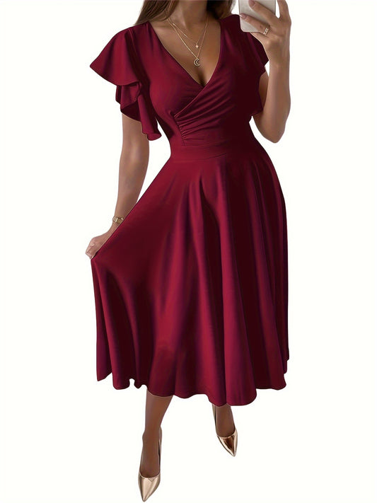 Solid Color Flutter Sleeve Dress, Elegant Surplice Neck A-line Dress, Women's Clothing