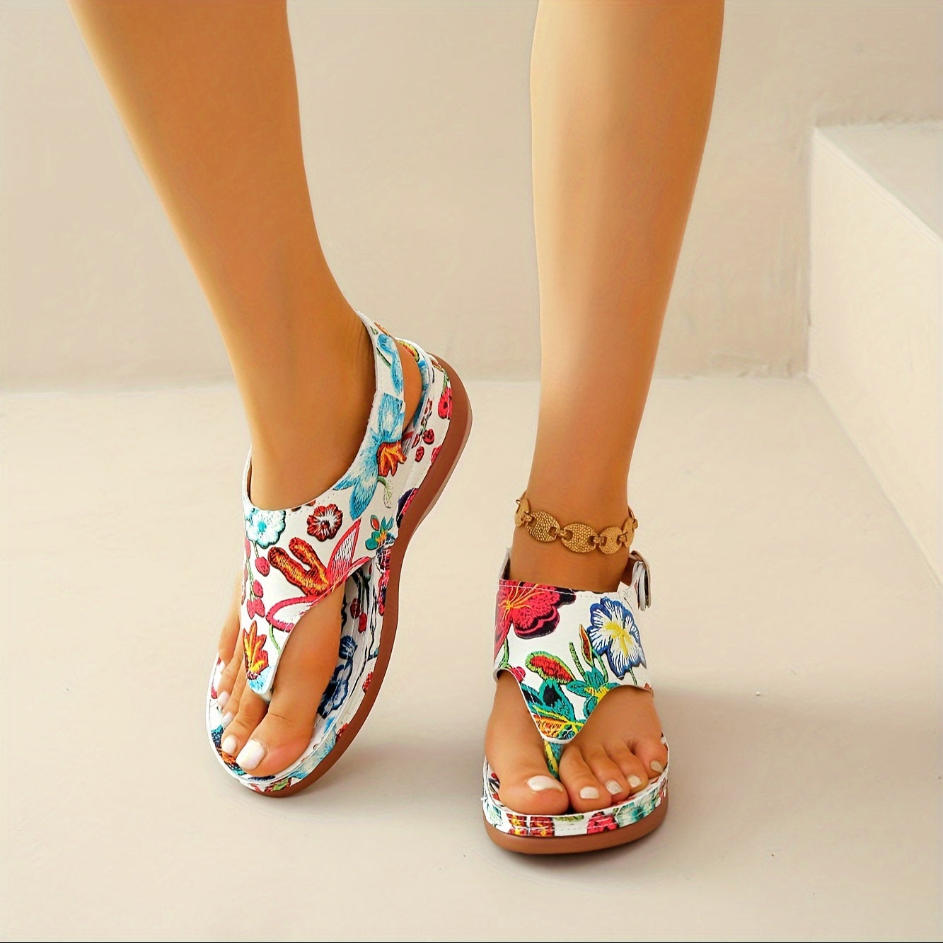 Women's Flower Pattern Wedge Sandals, Casual Clip Toe Platform Sandals, Comfortable Buckle Strap Summer Shoes