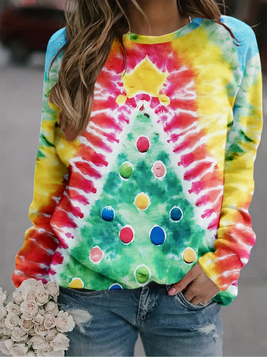 Christmas Tree Print Tie Dye Pullover Sweatshirt, Casual Long Sleeve Crew Neck Sweatshirt For Fall & Winter, Women's Clothing