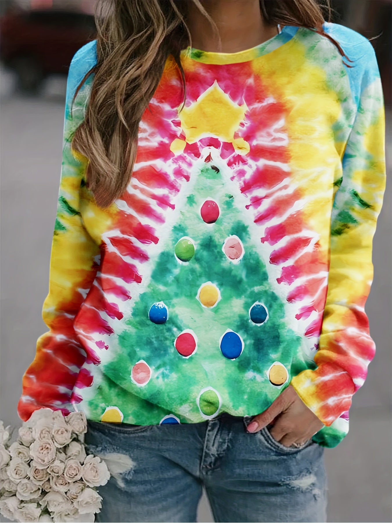 Christmas Tree Print Tie Dye Pullover Sweatshirt, Casual Long Sleeve Crew Neck Sweatshirt For Fall & Winter, Women's Clothing