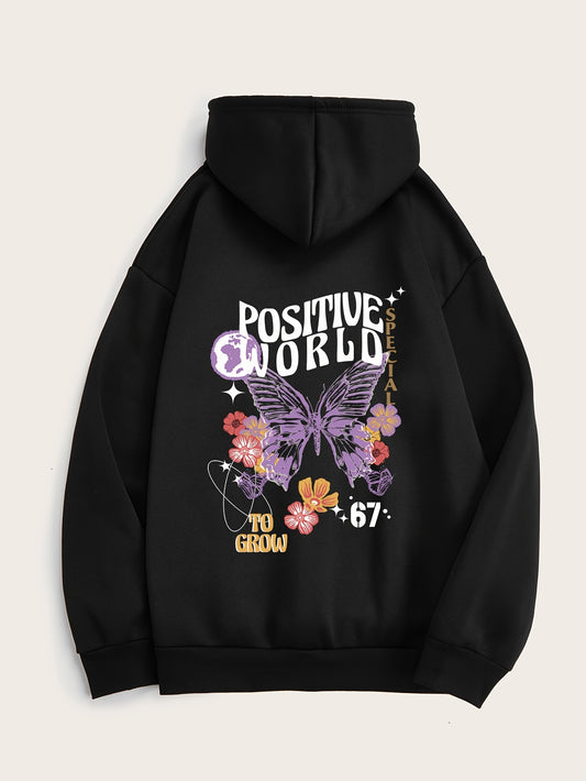 Butterfly And Floral Graphic Causal Sports Hooded Sweatshirt, Long Sleeve Pullover Hoodie, Women's Clothing