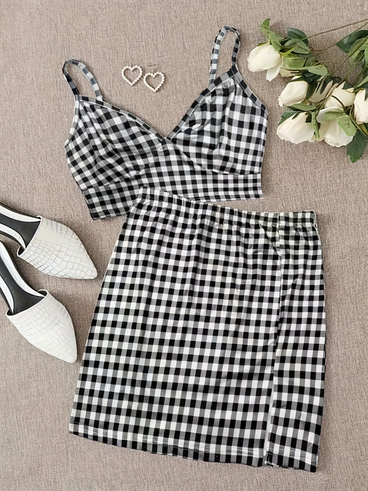 Chic Slim Plaid Print Skirt Set, Crop Cami Top & Mini Skirt Outfits, Women's Clothing