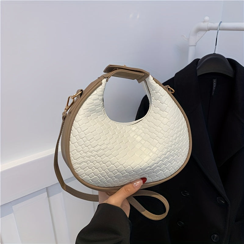 Trendy Woven Hobo Bag, Simple Mini Crossbody Bag, Women's PU Leather Crescent Handbag