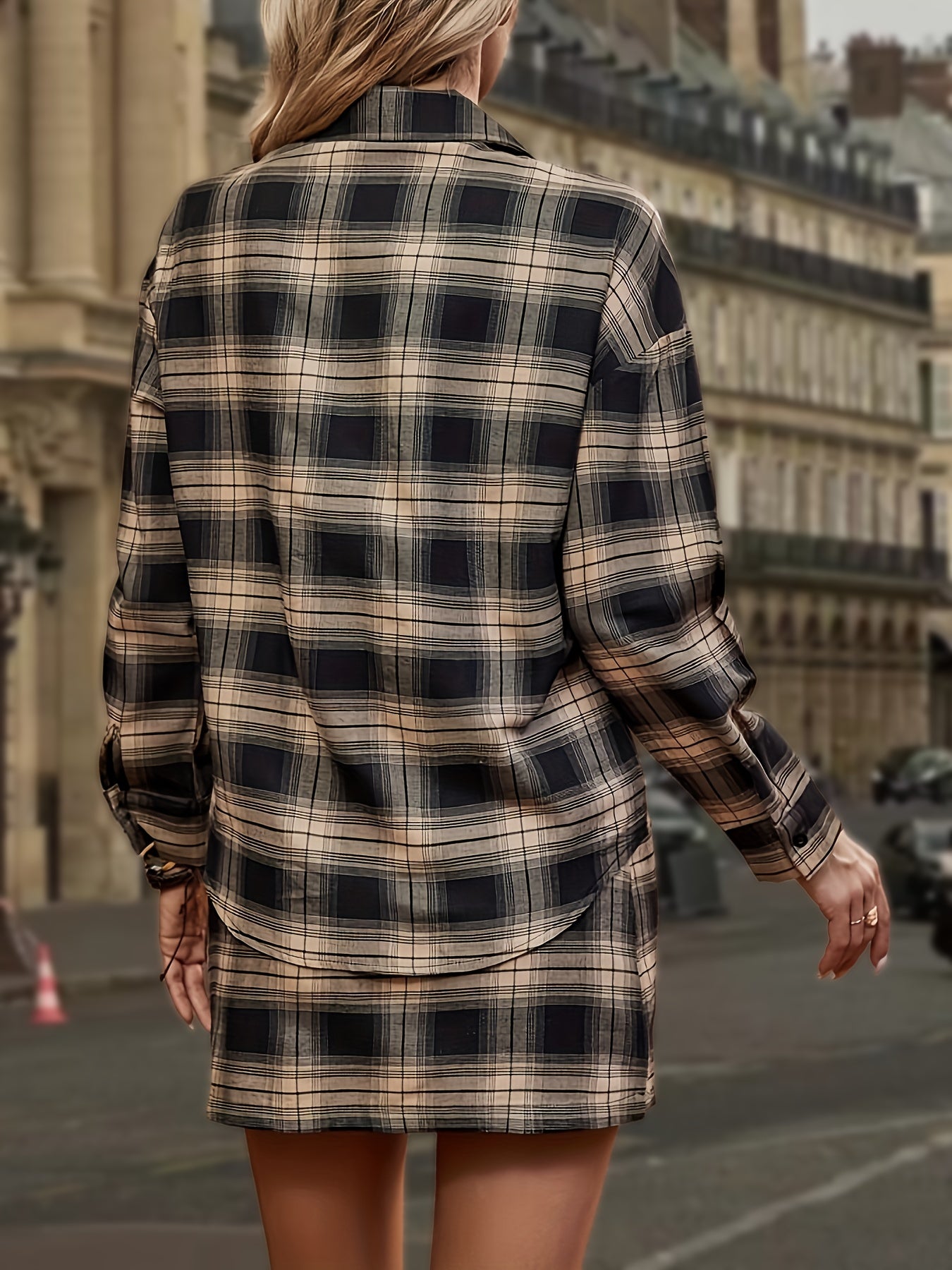Plaid Pattern Two-piece Set, Long Sleeve Button Front Shirt & Mini Skirt Outfits, Women's Clothing
