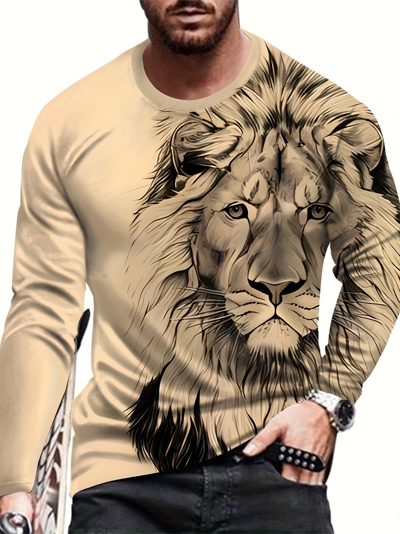 Lion Head Anime 3D Print Men's Creative Top, Men's Trendy Long Sleeve Crew Neck T-shirt, Spring Fall