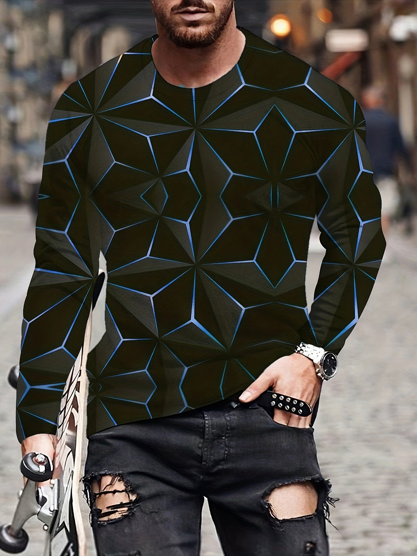 Dazzling 3D Geometric Print Men's Long Sleeve Fit Slim T-shirt, Spring Fall