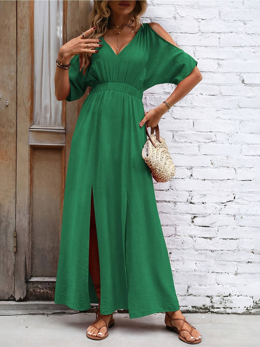Cold Shoulder Split Dress, Elegant V Neck Dress For Spring & Summer, Women's Clothing