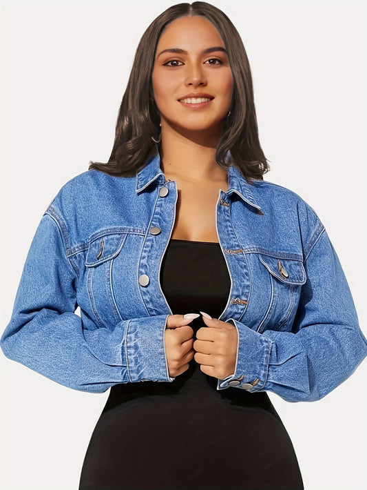 Single-breasted Long Sleeve Collar Denim Jeacket, Drop Shoulder Flap Design Crop Denim Coat, Women's Denim Jeans & Clothing