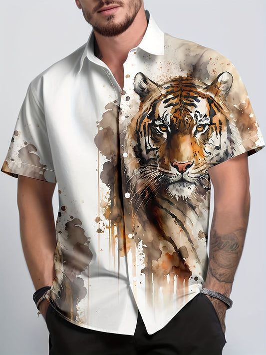 Painting Tiger Pattern Men's Vintage Short Sleeve Button Down Shirt, Men's Leisurewear For Summer Holiday