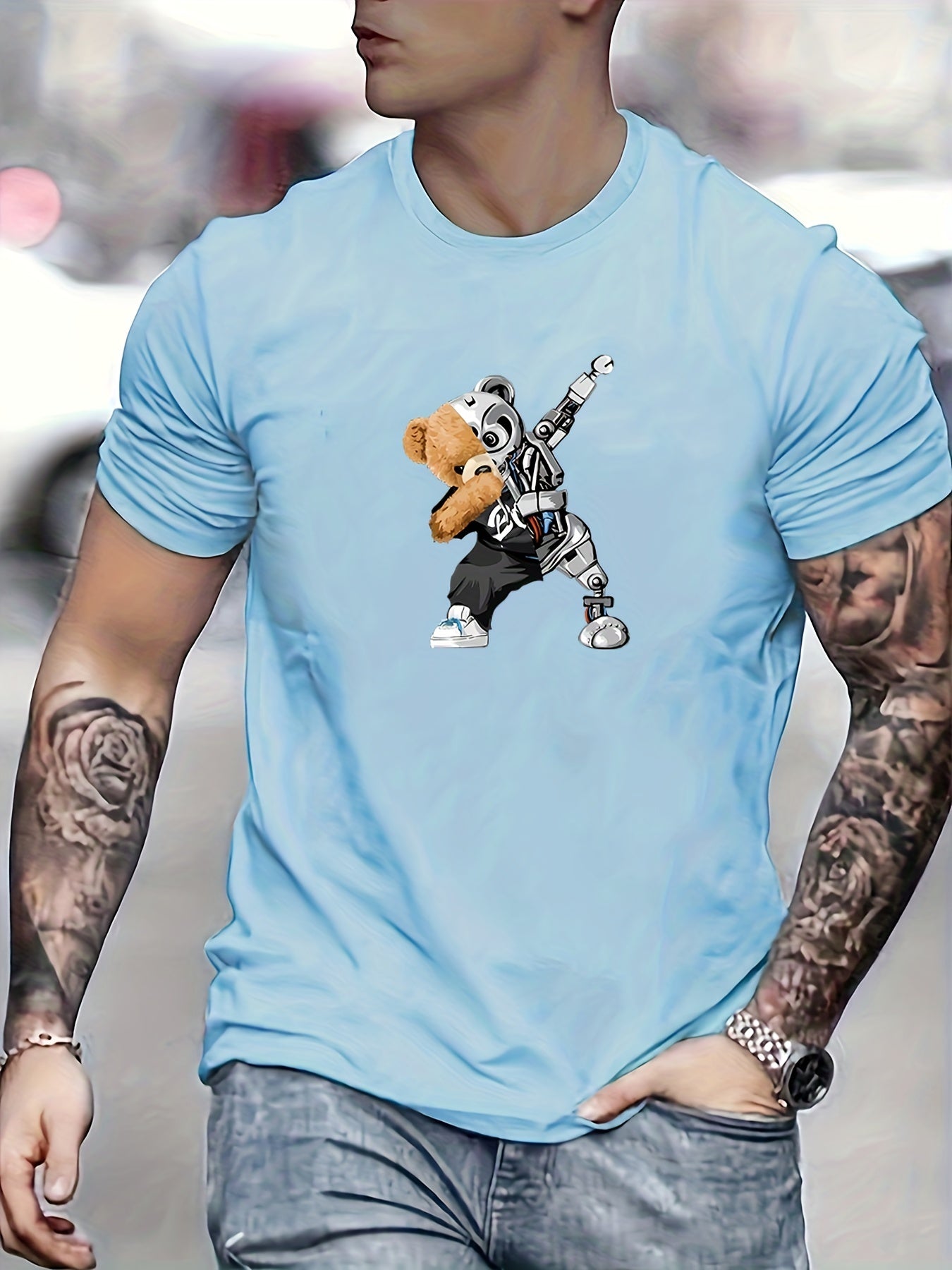 Robot Bear Pattern T-shirt, Men's Casual Street Style Stretch Round Neck Tee Shirt For Summer