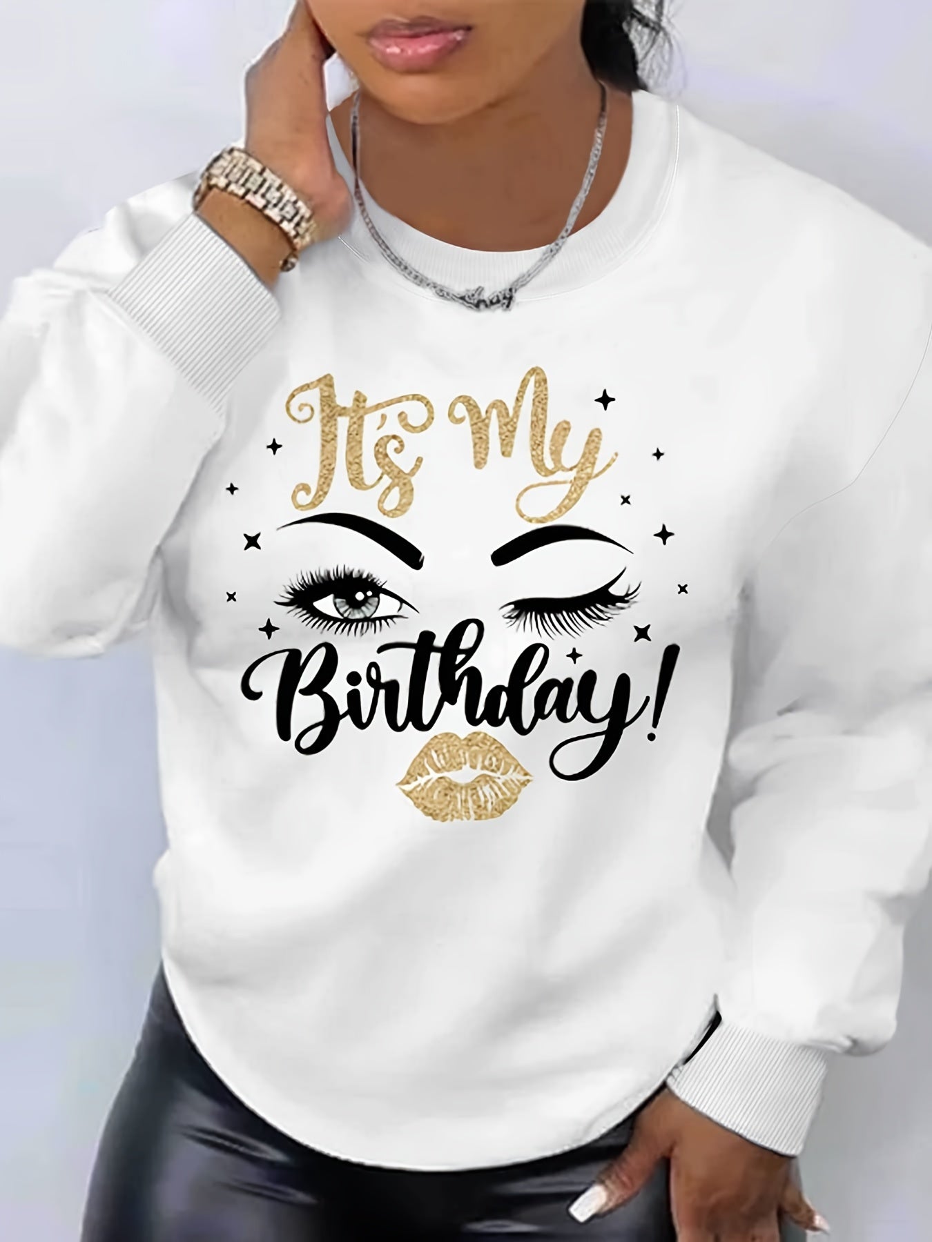 It's My Birthday Print Sweatshirt, Casual Long Sleeve Crew Neck Sweatshirt, Women's Clothing