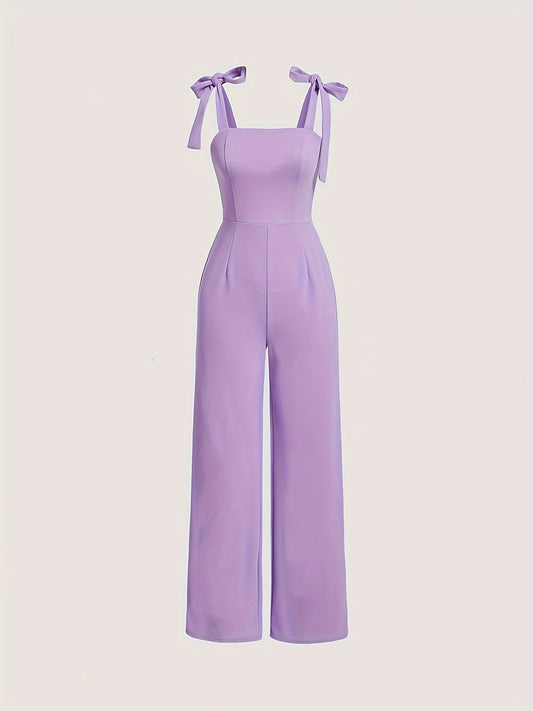 Solid Tie Strap Jumpsuit, Casual Sleeveless Wide Leg Jumpsuit For Spring & Summer, Women's Clothing