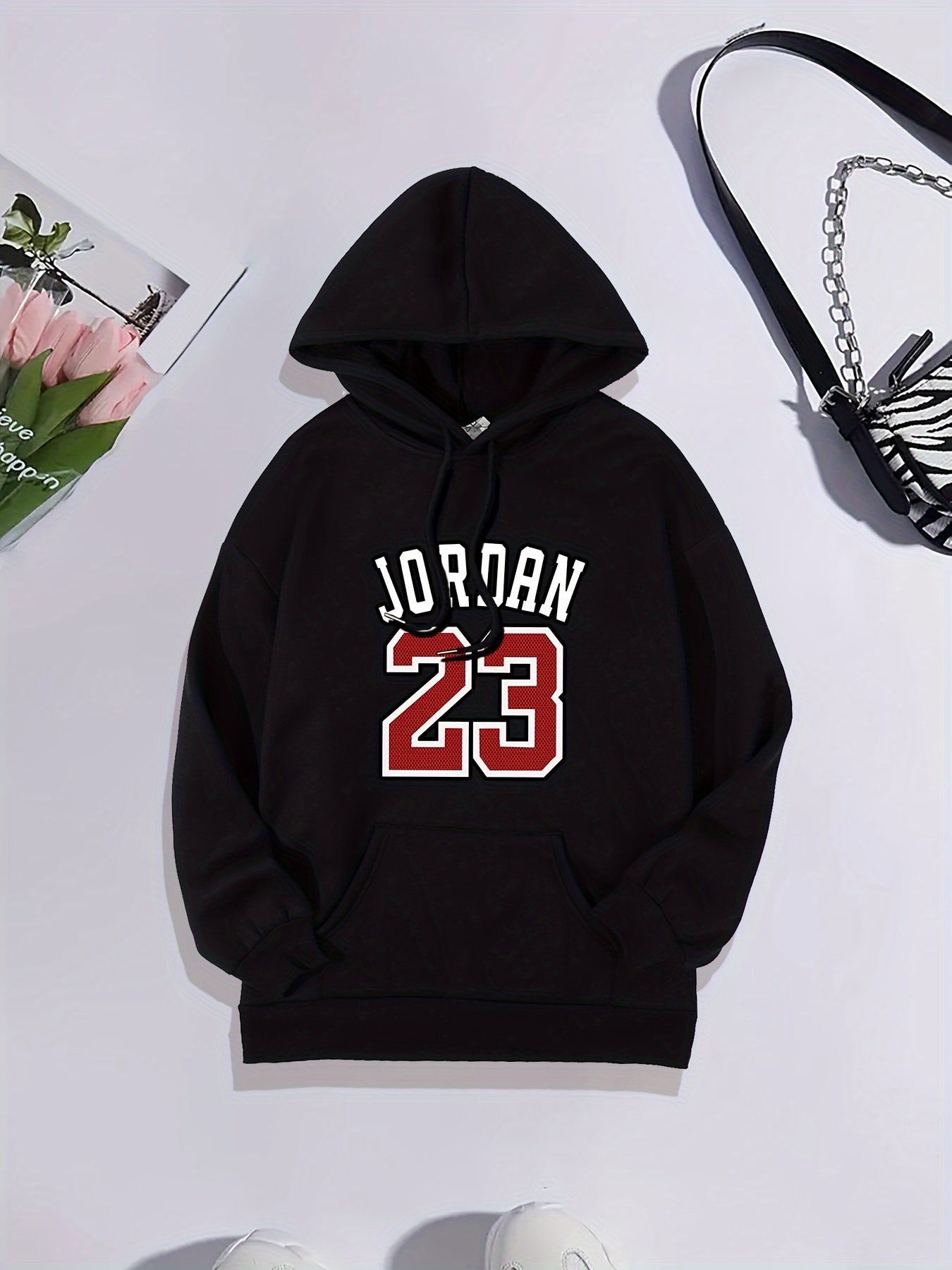 Letter & Number 23 Print Long Sleeve Drawstring Pullover Hoodie, Kangaroo Pocket Warm Casual Sports Hooded Sweatshirt, Women's Clothing