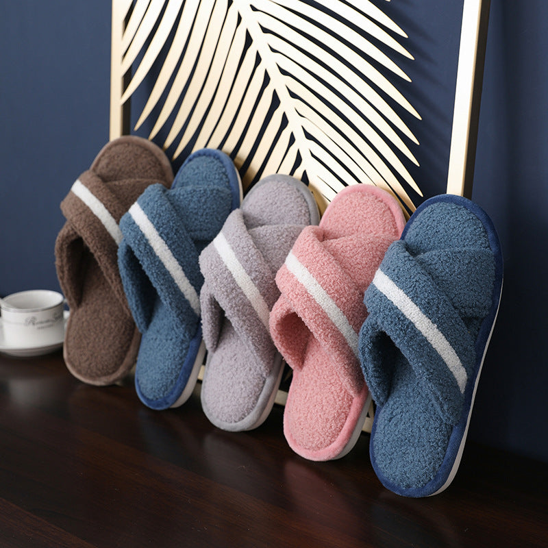 Women's cotton slippers cross the month couple plush winter home indoor soft bottom anti-slip warm home hair slippers