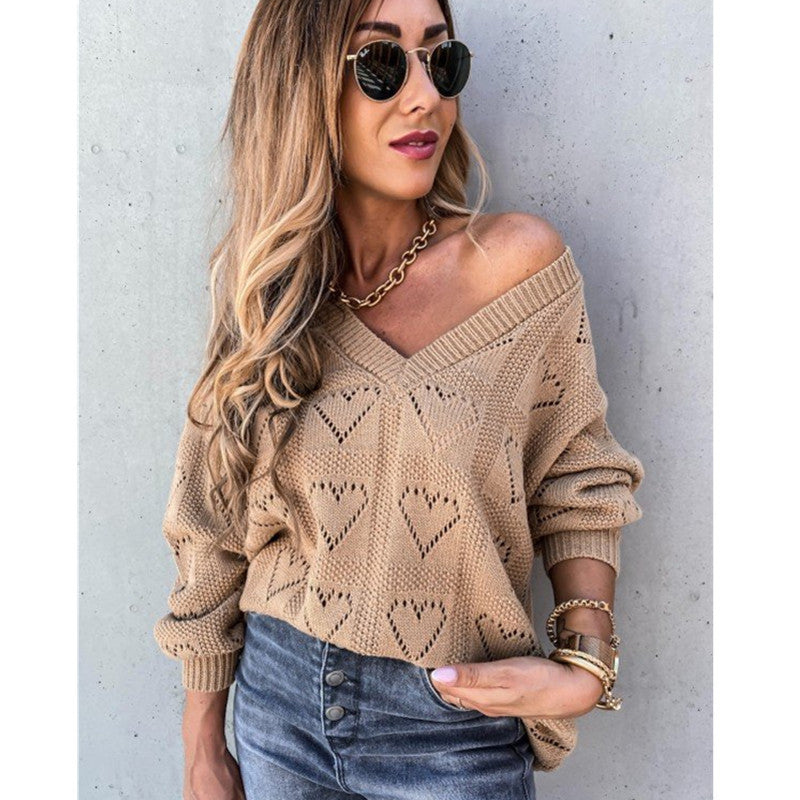 2020 women's autumn and winter new European and American eBay Wish solid color V neomindest hollow loose knit sweater