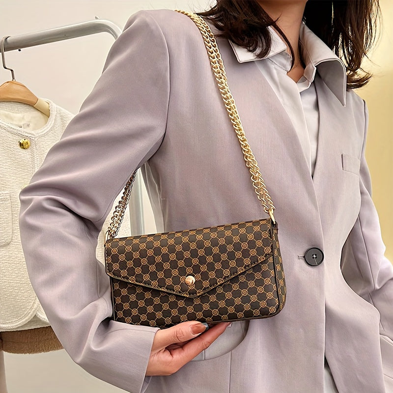 Classic Retro Pattern Square Shoulder Bag, Trendy Textured Chain Bag, Faux Leather Purse For Shopping