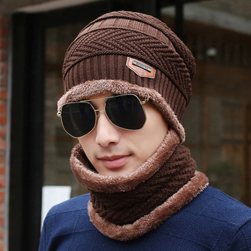 Autumn and winter plus velvet sleeves men's knitted hat collar two-piece leather care ear hat cross-border hat factory