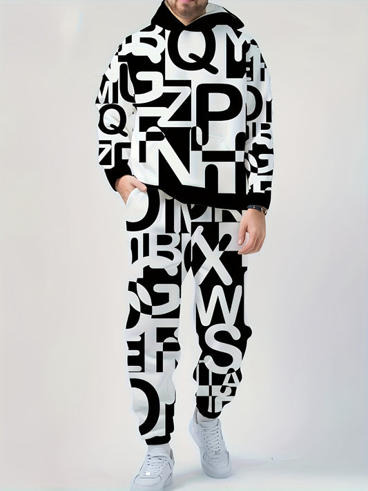 Plus Size Men's Letters Graphic Print Hooded Sweatshirt & Pants Set For Spring Fall