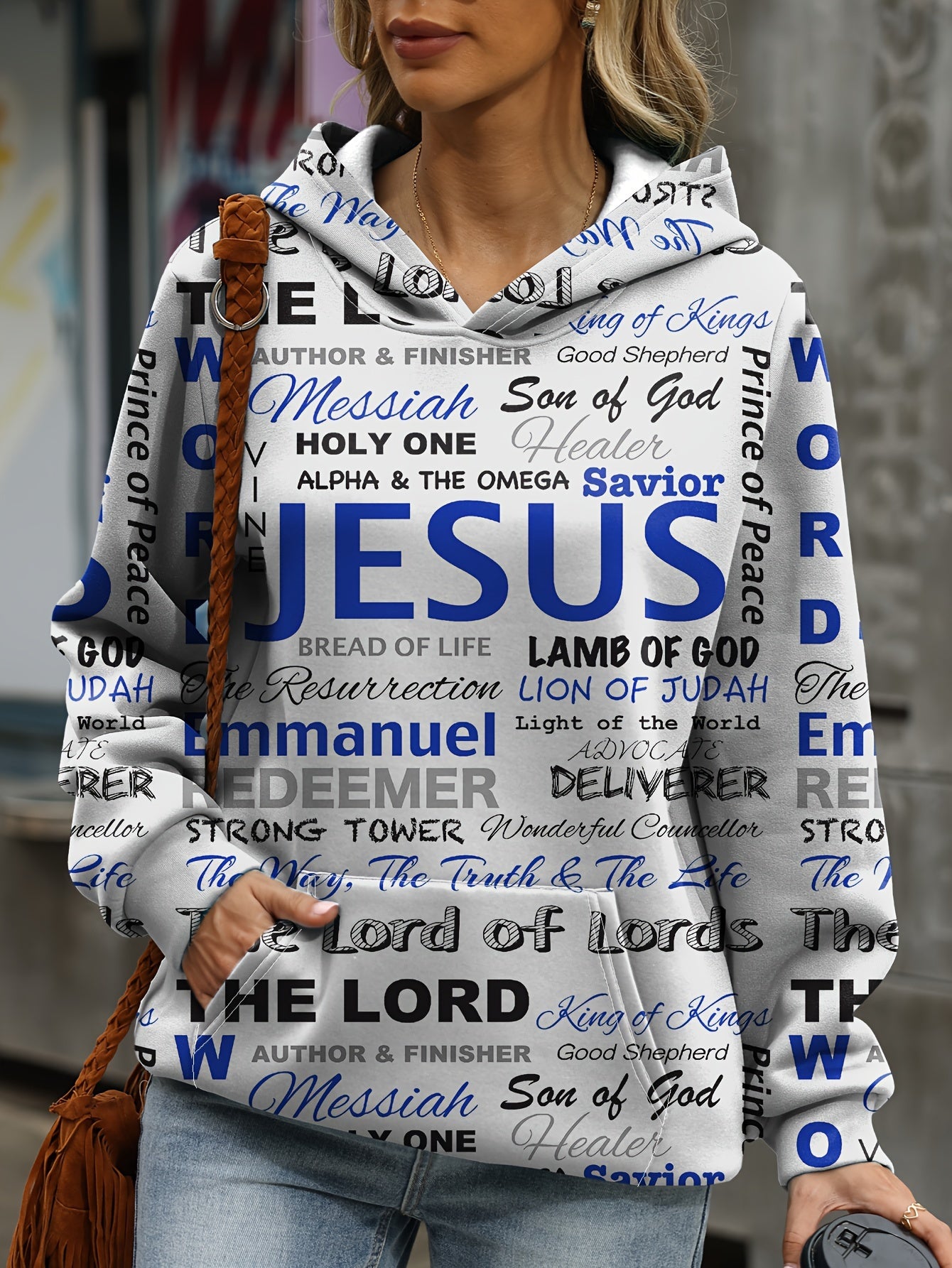 Jesus Letter Print Hoodies, Casual Kangaroo Pocket Long Sleeve Sweatshirt, Women's Clothing